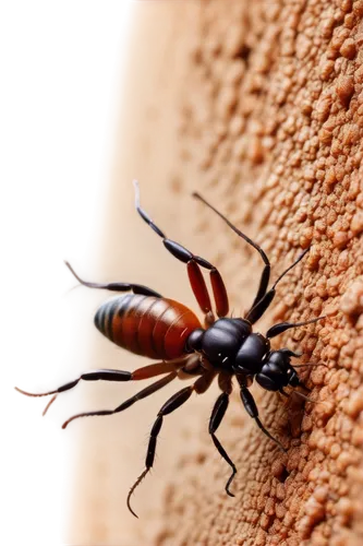 Termites, insect, white body, brown head, antennae, six legs, wood eating, swarm, queen termite, worker termite, soldier termite, close-up, macro photography, shallow depth of field, warm lighting, re