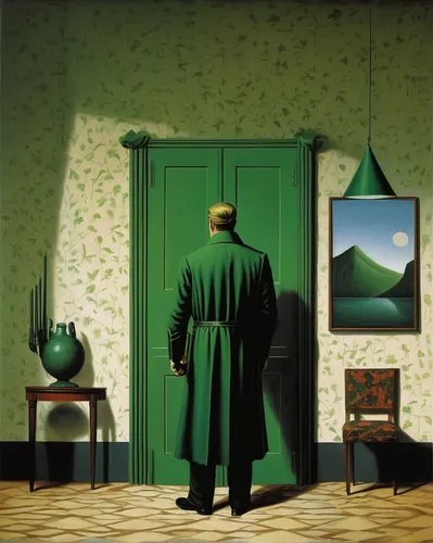 surrealism,green jacket,riddler,morning illusion,grant wood,optical ilusion,the illusion,green,surrealistic,the threshold of the house,spectator,green animals,illusion,green background,optical illusion,absinthe,bellboy,consulting room,cd cover,the consignment,Art,Artistic Painting,Artistic Painting 06