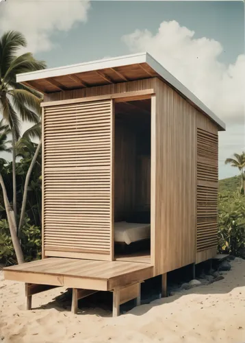 Award winning Puerto Rico architecture firm design high end minimalist wooden sliding louver facade. Modern surf shack. TIny architecture shack, Old school architecture magazine photography. Empty hom