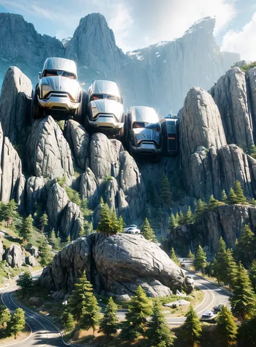 futuristic landscape,mountain settlement,mountain huts,alpine drive,airships,grizzlies,alpine village,alpine crossing,house in the mountains,motorhomes,futuristic architecture,house in mountains,render,terraforming,building valley,tigers nest,mobile home,boulders,caravanning,concept art