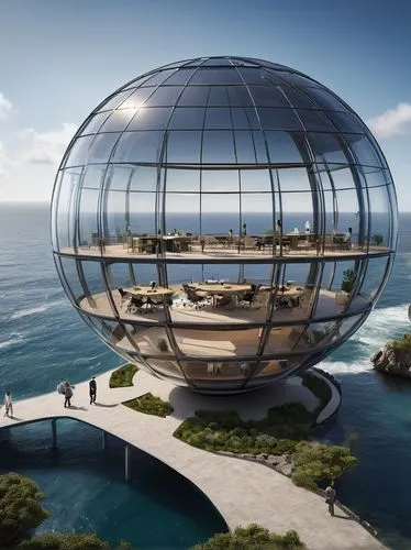 seasteading,futuristic architecture,glass sphere,sky space concept,solar cell base,malaparte,Photography,General,Natural