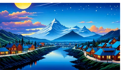 alpine village,mountain scene,mountain village,alpine landscape,mountain landscape,mountain settlement,mountainous landscape,aurora village,night scene,landscape background,mountain huts,fantasy landscape,christmas landscape,matterhorn,hildebrandt,gondolin,paisaje,escher village,fjord landscape,elves country,Conceptual Art,Daily,Daily 33