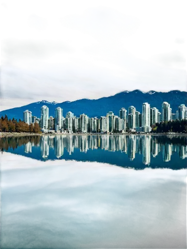 Vancouver cityscape, Canada, modern skyscrapers, glass towers, Stanley Park, seawall, mountain background, cloudy sky, afternoon soft light, 3/4 composition, deep depth of field, vibrant color tone, c