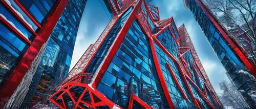 Russian avant-garde architectural design, futuristic skyscraper, bold geometric shapes, vibrant red and blue hues, intricate metallic framework, ornate decorative elements, grandiose entrance, sweepin