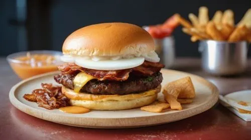 smash meat filled with white onion slices and with bacon slices on uppon it
,row burger with fries,cheese burger,food photography,cheeseburger,the burger,homburger,classic burger,newburger,burger and 