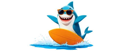 Cartoon shark, smiling face, bright blue skin, white belly, dorsal fin, sharp teeth, round eyes, freckles on nose, orange sunglasses, Hawaiian shirt, surfboard under fins, jumping out of water, splash