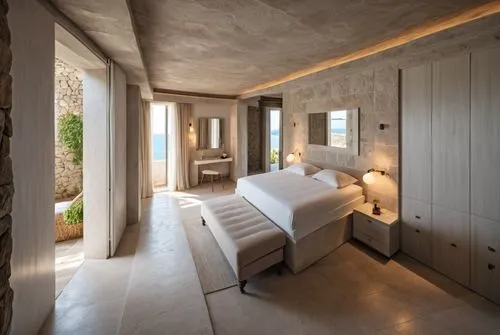 make it more quiet luxus and so you feel it was made in an old stone villa at the sea,a bedroom with white furniture and lights,chambre,lefay,amanresorts,bedroomed,guestrooms,casa fuster hotel,Photogr