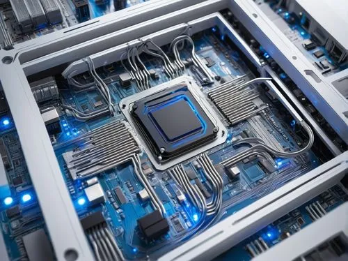 Modern CPU architecture, futuristic design, metallic silver body, intricate circuits, glowing blue lights, sleek lines, angular shape, ventilation grills, central processing unit, motherboard, compute