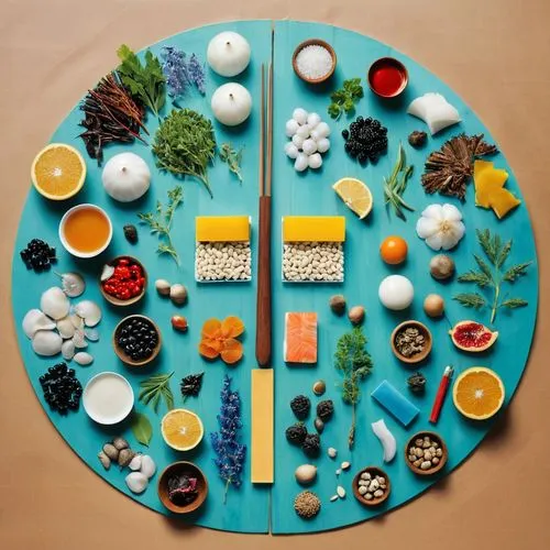 food collage,cheese plate,food platter,salad plate,sushi plate,food table,Unique,Design,Knolling