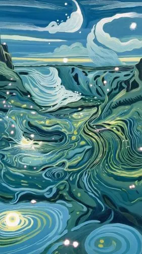 a painting of some kind with many things,phytoplankton,water waves,whirlpools,whirlpool pattern,ocean waves,whirlpool,Art,Artistic Painting,Artistic Painting 50