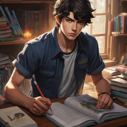 Explore the daily life of a high school anime guy with supernatural abilities, balancing his studies, friendships, and battling evil forces.,bookworm,tutor,scholar,study,librarian,cg artwork,tutoring,