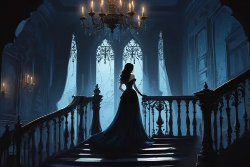 isoline,cinderella,house silhouette,lady of the night,queen of the night,noblewoman,countess,girl on the stairs,woman silhouette,blue enchantress,cantarella,hall of the fallen,melian,margaery,ravenloft,stately,fantasia,gothic woman,fantasy picture,blue room,Illustration,Japanese style,Japanese Style 07