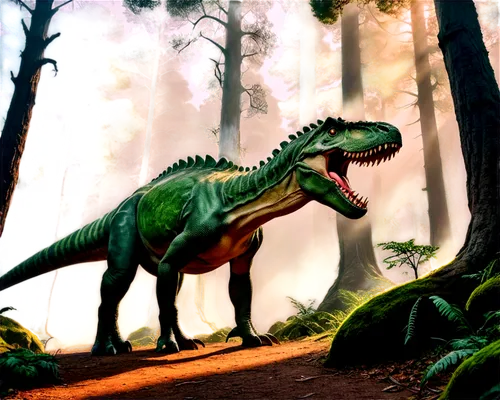 Dinosaur, green scaly skin, sharp teeth, powerful legs, long tail, prehistoric era, ancient forest, misty atmosphere, morning light, low angle shot, dramatic composition, warm color tone, HDR effect.,