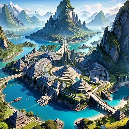 ancient city,citadels,futuristic landscape,themyscira,ecotopia,scythopolis,terraformed,tirith,skylands,atlanteans,fantasy landscape,fantasy city,naboo,civilizations,mountain settlement,imperial shores,philippopolis,atlantis,turion,fantasy world