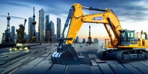 Excavator, dusk, sunset,two big construction machines that are in the middle of some pavement,two-way excavator,kobelco,excavators,construction machine,construction equipment,yellow machinery