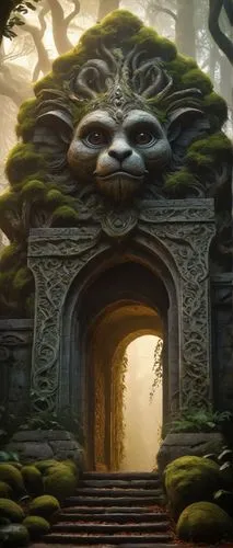 cheshire,korowai,forest king lion,tanuki,fantasy picture,strangehold,theloke,entrada,kadyr,labyrinth,druid stone,hobbiton,gateway,rakshasa,sendak,the mystical path,hagedon,the threshold of the house,druidism,redwall,Art,Classical Oil Painting,Classical Oil Painting 42