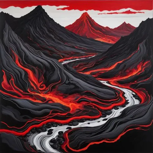 lava,lava river,volcanic,volcanos,lava flow,fire in the mountains,Illustration,Paper based,Paper Based 06