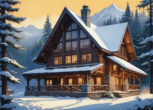 winter house,the cabin in the mountains,snow house,house in mountains,house in the mountains,chalet,log cabin,log home,wooden house,mountain hut,house in the forest,winter village,winterplace,snow roof,snowhotel,snow scene,christmas landscape,winter background,ski resort,beautiful home,Illustration,Realistic Fantasy,Realistic Fantasy 44