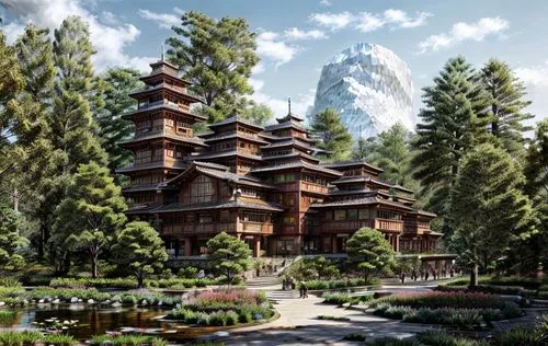 eco hotel,dragon palace hotel,tree house hotel,borodundur,mountain settlement,log home,danyang eight scenic,alpine village,wild west hotel,asian architecture,many glacier hotel,hotel complex,hanging h