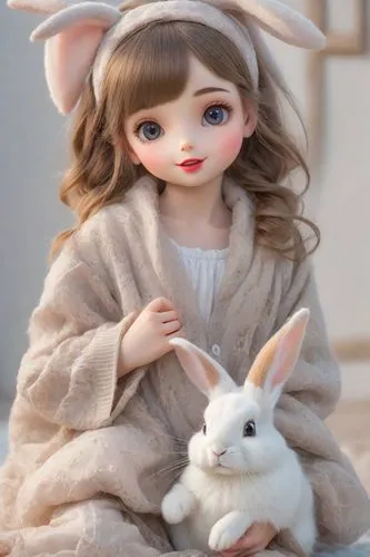 Cute little girl and pretty bunny,white bunny,white rabbit,bunny,little bunny,gray hare,rabbits,rabbit,little rabbit,rabbits and hares,european rabbit,cottontail,wood rabbit,female hares,fashion doll,