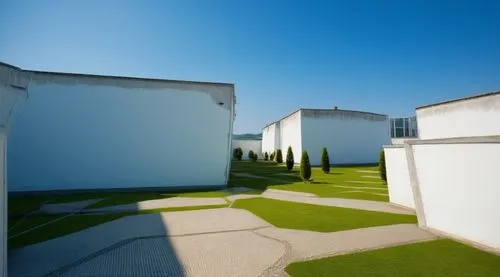 Make the image look realistic with textures, white buildings, green trees, clear blue sky by day, walkable cement textured floor,courtyard,artificial grass,golf lawn,landscape design sydney,roof lands