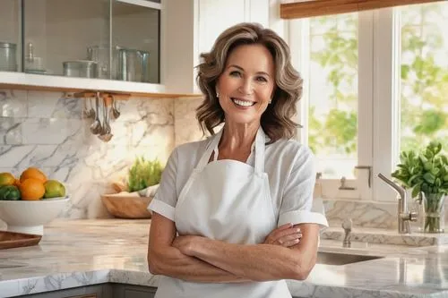 Modern kitchen interior, mature lady, standing, smiling, wavy brown hair, minimal makeup, white apron, holding wooden spoon, bright warm lighting, marble countertops, sleek cabinets, stainless steel a