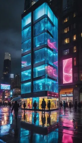 glass building,mvrdv,water cube,futuristic art museum,colored lights,cybercity,hypermodern,niketown,electroluminescent,glass facade,electrohome,glass facades,luminato,artium,sanlitun,cubic house,cube house,illuminated advertising,futuristic architecture,aqua studio,Unique,3D,Clay