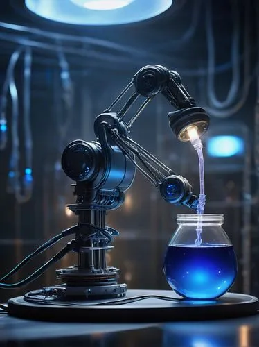 AI sampling, futuristic laboratory, sci-fi theme, robotic arm, glass container, blue liquid, wires, cables, metal table, dim light, misty atmosphere, close-up shot, shallow depth of field, metallic te