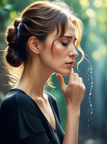 Crying woman in profile. Tears flowing heavily. Black clothes.,a woman with her hand in her mouth,natural cosmetic,natural cosmetics,pensively,updo,women's cosmetics,primping