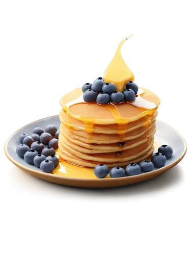 Golden brown pancake, stacks of 3, butter melting, sweet syrup dripping, fresh blueberries on top, soft fluffy texture, morning breakfast scene, warm lighting, shallow depth of field, close-up shot, 1