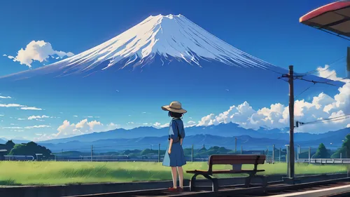 "Azure Horizons: A Serene Journey" is a breathtaking 90s anime-style digital artwork by renowned artists like Makoto Shinkai and Hayao Miyazaki. A photographic shot of faceless girl with hat waiting a