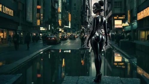 walking man,cyberpunk,humanoid,catwoman,metropolis,pedestrian,matrix,woman walking,girl walking away,digital compositing,dystopian,silver surfer,elongate,elongated,augmented,district 9,black city,mannequin silhouettes,3d stickman,cyborg