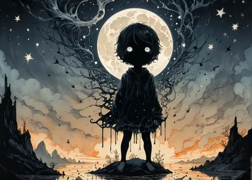 the witch,shinigami,halloween illustration,the night of kupala,halloween poster,children's fairy tale,the little girl,black crow,moonlight,ghost girl,moonlit,witch house,fairy tale character,the girl in nightie,light of night,dark art,lunar,moonbeam,halloween and horror,crow queen,Illustration,Black and White,Black and White 34