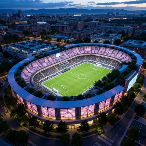 Modern international style soccer stadium, dynamic curvaceous fa\u00e7ade, LED lights display, sleek metallic cladding, translucent glass panels, geometric patterns, parametric design, futuristic arch