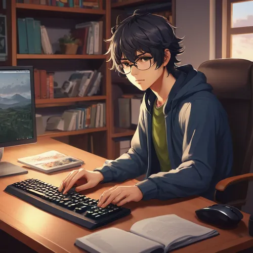 writer,writing-book,write,study room,desk,writing about,bookworm,writing,to write,author,man with a computer,desk top,typesetting,coder,reading glasses,study,workspace,homework,night administrator,scholar,Illustration,Japanese style,Japanese Style 12