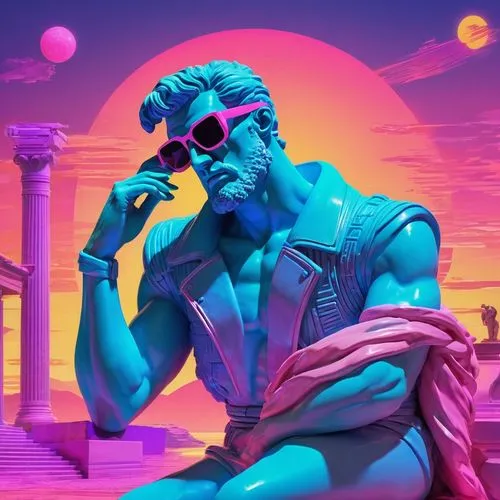 80s,80's design,cyberpunk,vapor,aesthetic,cyber glasses,apollo,poseidon,triton,vittoriano,sci fiction illustration,retro background,cg artwork,would a background,1980's,game illustration,3d man,blu,ultraviolet,odyssey,Conceptual Art,Sci-Fi,Sci-Fi 27