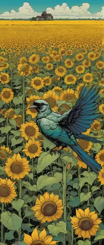 flower and bird illustration,sunflowers and locusts are together,blooming field,flower field,sunflower field,field of flowers,helianthus,flowers field,cosmos field,bird flower,bird illustration,sunflowers,bird kingdom,sunflower seeds,chamomile in wheat field,dandelion field,pollinate,flying seeds,blue birds and blossom,dandelion meadow,Illustration,Vector,Vector 04