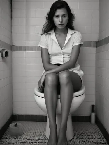 Sitting woman,woman sitting on a toilet looking off into the distance,the girl in the bathtub,premenstrual,scodelario,depressed woman,menstruation,menstruate,Photography,Black and white photography,Bl