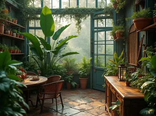 Greenhouse interior, tropical plants, lush greenery, bronze accents, vintage decor, distressed wood shelves, earthy tone terracotta pots, warm soft lighting, morning dew, misty atmosphere, subtle rust