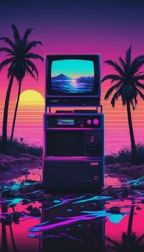 Sonic-inspired, Vaporwave-themed, retro-futuristic, neon-lit, palm trees, sunset beach, old-school gaming console, CRT TV, VHS tapes, cassette players, glitch art, distorted visuals, 80s-90s nostalgia