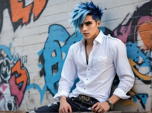 blue hair,mohawk hairstyle,pompadour,punk,cosplay image,punk design,sonic the hedgehog,mohawk,vegeta,bluejay,male model,trespassing,rocker,rockabilly style,ryan navion,male character,color blue,blue color,mean bluish,anime boy,Conceptual Art,Fantasy,Fantasy 25