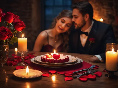 Create a romantic Valentine's Day scene with candlelit dinners, roses, and intimate moments. Design heartfelt greetings capturing the essence of love and affection,romantic look,valentine candle,roman