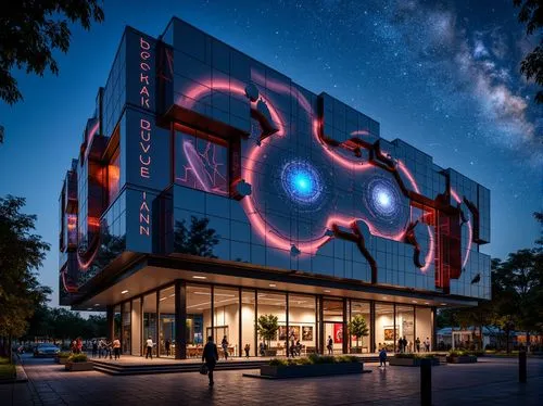 Cosmic planetarium-inspired facade, deconstructivist architecture, fragmented forms, irregular shapes, metallic materials, reflective surfaces, neon-lit accents, glowing celestial patterns, starry nig