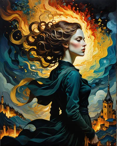 city in flames,fire artist,fantasy art,burning hair,flame spirit,candlemaker,fire siren,the conflagration,mystical portrait of a girl,fire angel,fantasy portrait,flame of fire,gothic portrait,fire dancer,sorceress,fire-eater,afire,the enchantress,burning torch,conflagration,Illustration,Abstract Fantasy,Abstract Fantasy 19