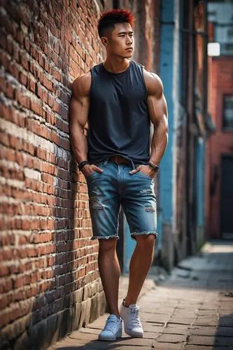 Muscular man, Shota, athletic build, short spiky hair, no glasses, subtle smile, casual wear, sleeveless shirt, ripped jeans, sneakers, leaning against, brick wall, urban setting, narrow alleyway, war