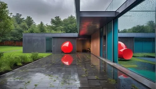 rain stoppers,corten steel,mirror house,landscape red,3d rendering,mid century house,rainwater,rain bar,aqua studio,pool house,world digital painting,futuristic art museum,cubic house,bowl of fruit in