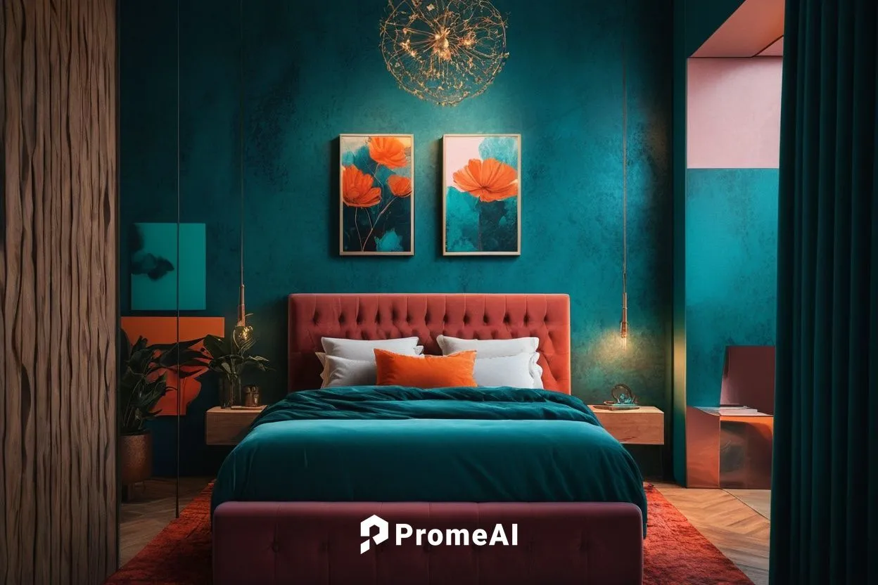 a bedroom with turquoise walls and a bed with an upholstered, dark teal lighting, teal lighting, vibrant muted colors, bold colored walls, teal and orange color scheme, copper and deep teal mood, teal