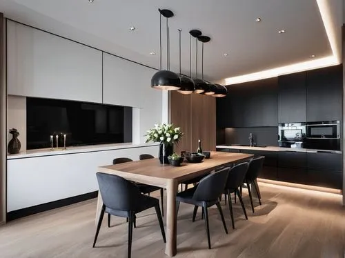 Modern minimalist, apartment in the city center, diningroom, stark color contrasts, dark tones, clean lines, exquisite design, white ceilings, black furniture, wood veneer walls, Modern minimalist, ap