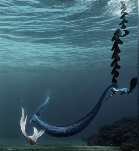sea snake,lissotriton,marine reptile,narwhal,tent anchor,merfolk,water horn,water-the sword lily,surface lure,merman,wide sawfish,sawfish,spoon lure,snorkel,scythe,mermaids,sea monsters,snake staff,sailfish,sea horse,Realistic,Landscapes,Underwater Exploration