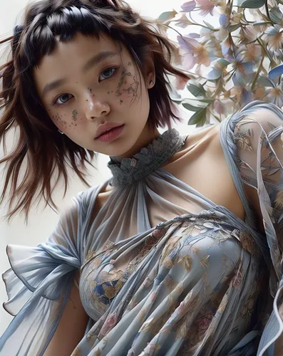 fantasy portrait,flower fairy,floral japanese,mari makinami,bjork,bodypaint,fashion illustration,digital painting,floral,body painting,janome chow,flower painting,sakura florals,girl in flowers,floral heart,japanese art,mystical portrait of a girl,oriental painting,painted lady,garden fairy